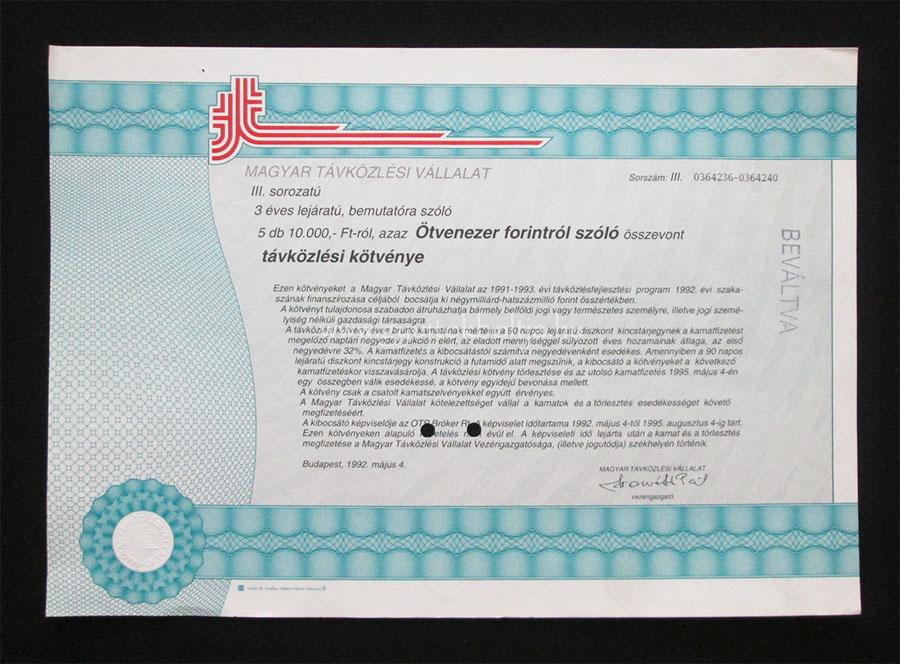 MATÁV távközlési kötvény 5x10000 forint 1992